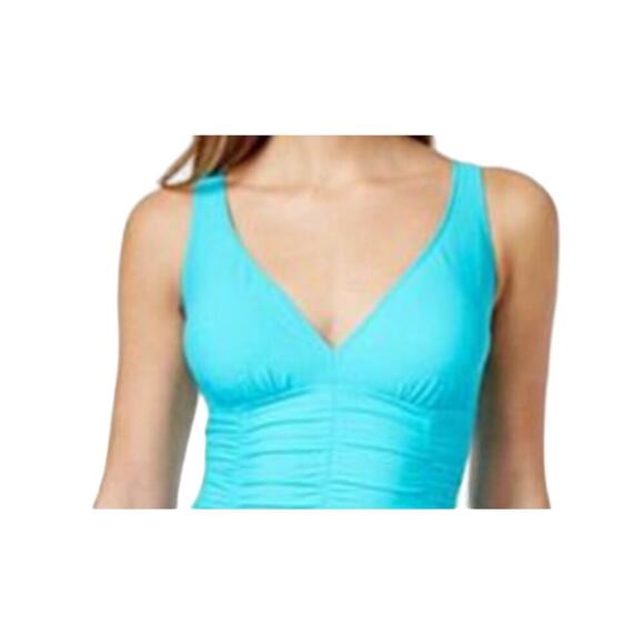 Swim Solutions Ruched Front Low Back One Piece Swimsuit Light Blue 8 NWT - Picture 3 of 3